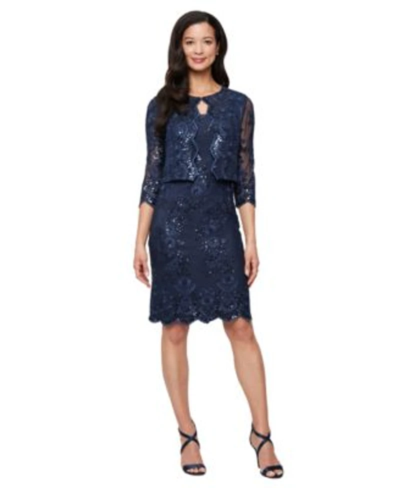 Alex Evenings Womens Glitter Lace Jacket Dress 2 Piece Set