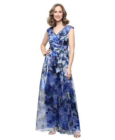 Alex Evenings Printed V-Neck Long A-Line Gown