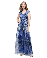 Alex Evenings Printed V-Neck Long A-Line Gown