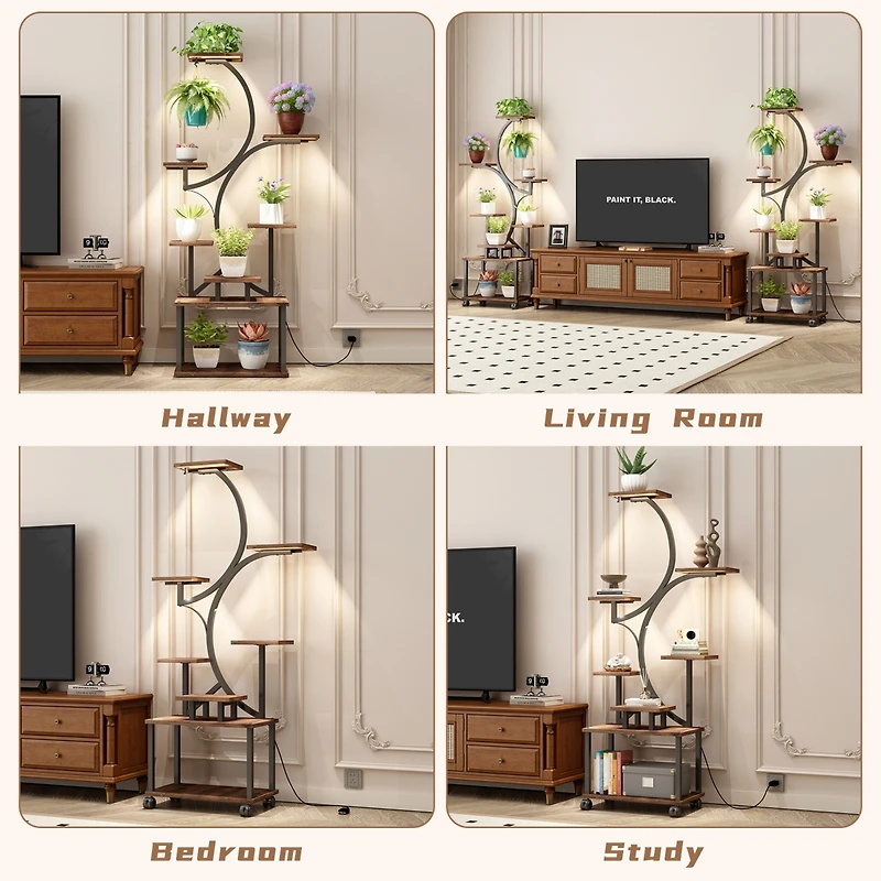 62" Tall Metal Plant Flower Holder Stand with Lights 8 Tiered Plant Shelf