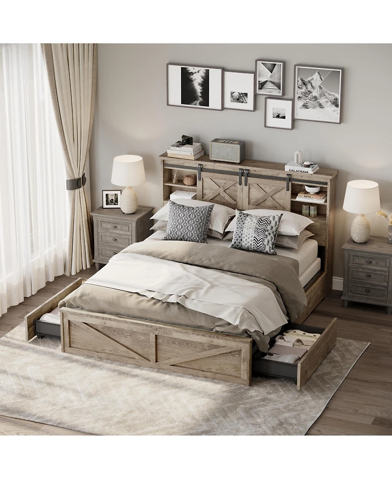 Flynama Farmhouse Bed Frame With Led Lights Charging Station 2 Storage Drawers