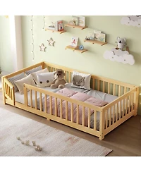 flynama Kids Floor Bed with Safety Guardrails Removable Slats and Door Wood Construction