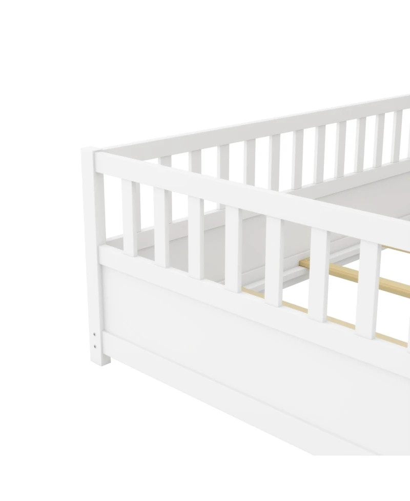flynama Montessori Wooden Floor Bed With Support Slat High Barrier And Door