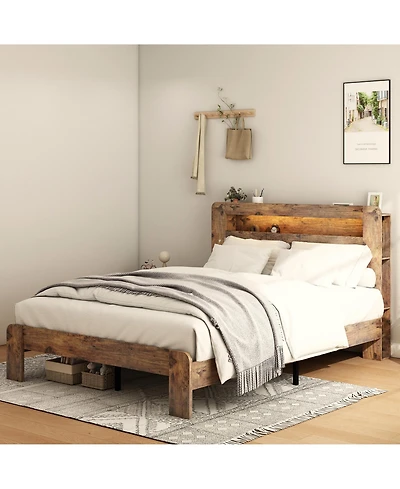 flynama Wood Platform Bed Dark Led Storage Headboard 2 Usb Charging Noise Free