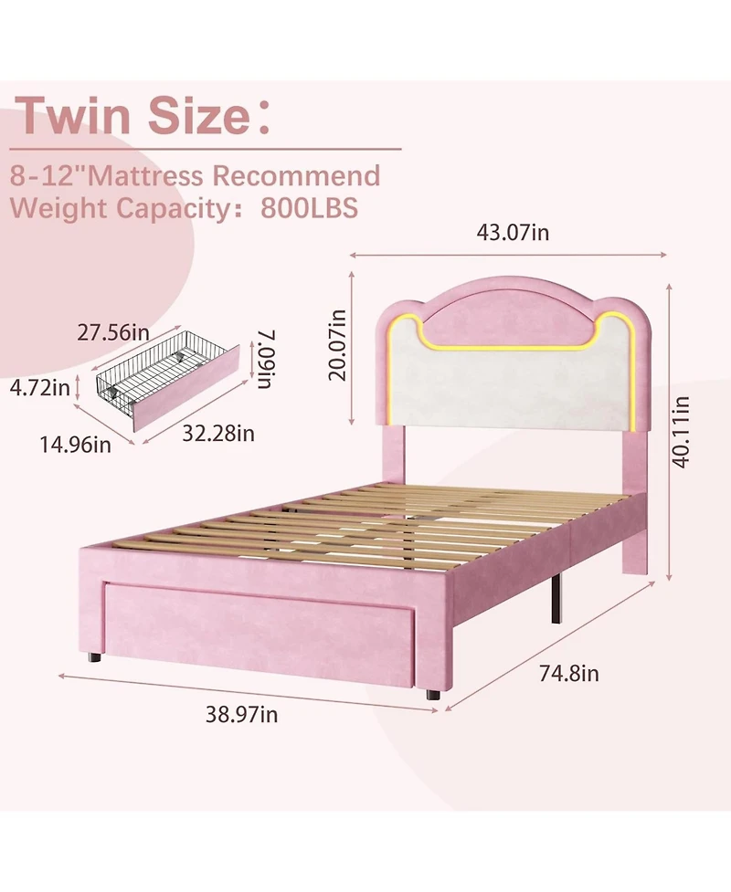 gaomon Twin Size Upholstered Bed Frame with Led Lights, Fabric Headboard, Princess Platform Bed, Wood Slats, No Box Spring, with Drawer