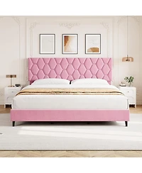 gaomon King Size Mdf + Iron + Fabric Diagonal Grid Soft Mattress, Comfortable Upholstered Bed Frame in Pink, No Box Spring Needed, Space-Saving Design