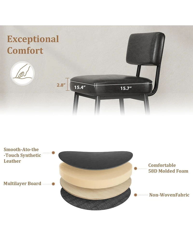 gaomon Bar Stools Set of 2,26" Faux Leather Counter Height Bar Stool with Back,Metal Legs,Modern Upholstered Barstool Chairs