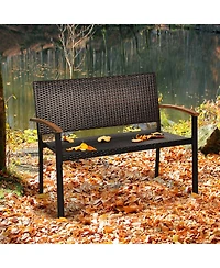 Gymax Patio Wicker Bench All Weather Rattan Chair Loveseat w/ Acacia Armrest