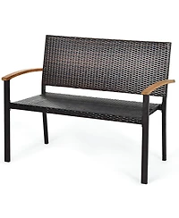 Gymax Patio Wicker Bench All Weather Rattan Chair Loveseat w/ Acacia Armrest