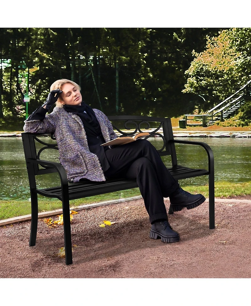 Gouun Metal Outdoor Garden Bench with Backrest and Armrests