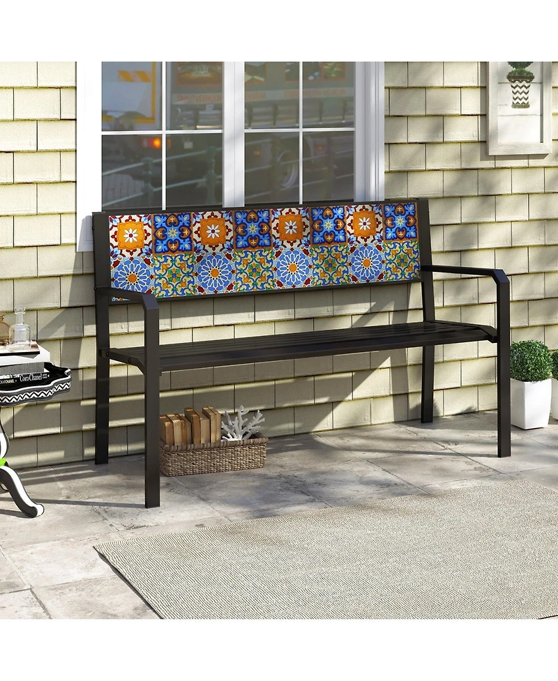 Gymax Patio Metal Bench Classic Slatted Loveseat for 2-3 People w/ Curved Seat