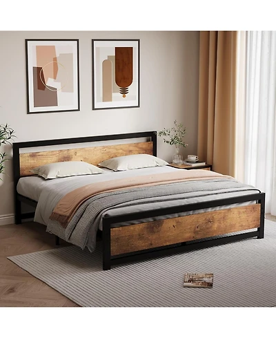 gaomon King Bed Frame, Metal Platform with Wooden Headboard and Footboard, Non-Slip Heavy Duty, Large Under Bed Storage, Noise-free, No Box Spring