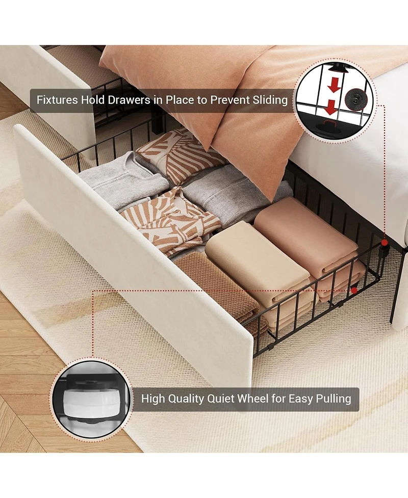 gaomon Upholstered Led Bed Frame with 4 Storage Drawers, Rgb Lights, Platform Bed Frame with Wingback Headboard, No Box Spring, Noise-Free