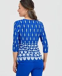 Jm Collection Petite Sienna Border 3/4-Sleeve Top, Macy's Exclusive