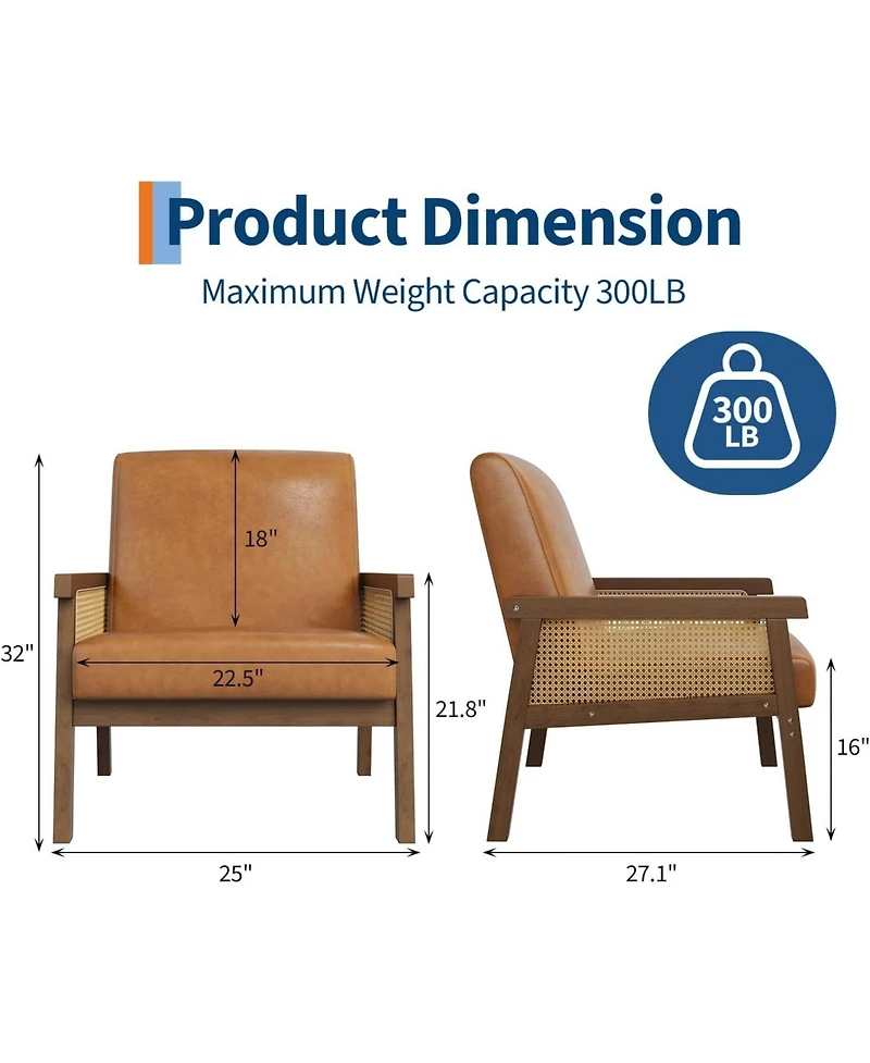 gaomon Pu Leather Accent Chair,Rattan Armchair with Wooden Frame,High Back,Upholstered Reading Chair Leisure Chairs for Living Room Bedroom