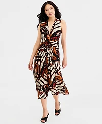 Anne Klein Women's Twist Front Sleeveless Midi Printed Mesh Dress