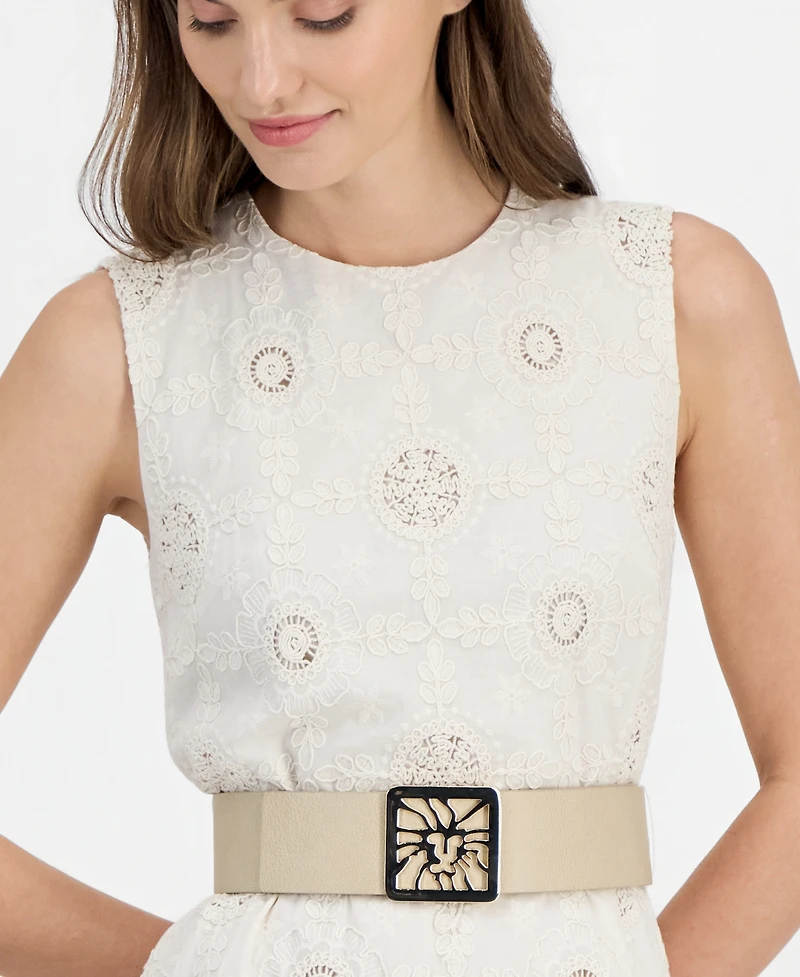 Anne Klein Women's Round-Neck Embroidered Belted Cotton Dress