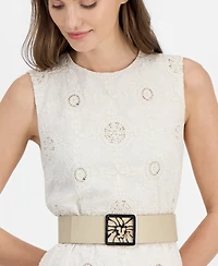 Anne Klein Women's Round-Neck Embroidered Belted Cotton Dress