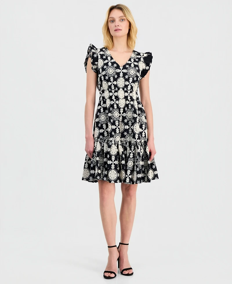Anne Klein Women's V-Neck Ruffle-Sleeve Embroidered Cotton Dress