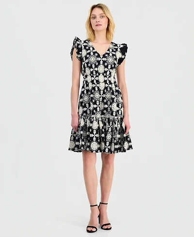 Anne Klein Women's V-Neck Ruffle-Sleeve Embroidered Cotton Dress