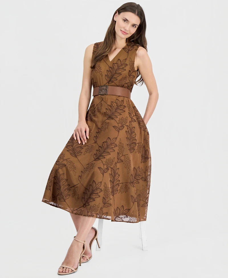 Anne Klein Women's V-Neck Embroidered Belted Midi Dress