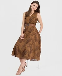 Anne Klein Women's V-Neck Embroidered Belted Midi Dress