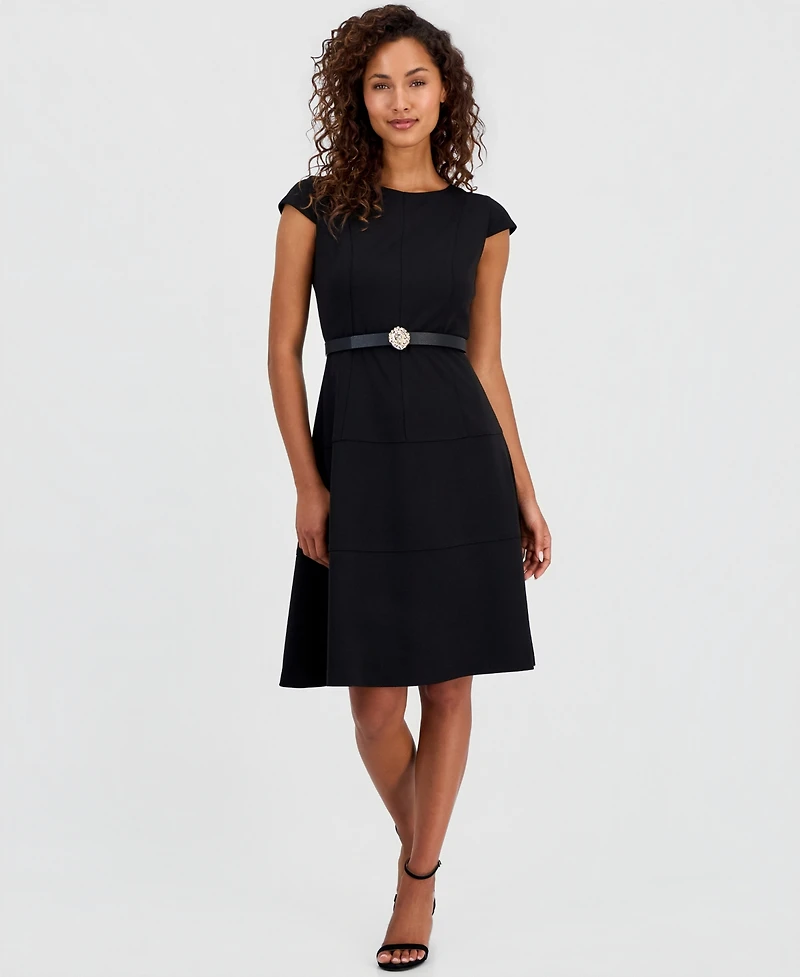 Anne Klein Petite Cap-Sleeve Seamed Scuba Crepe Sheath Dress