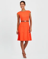 Anne Klein Women's Cap-Sleeve Belted Scuba Crepe Dress
