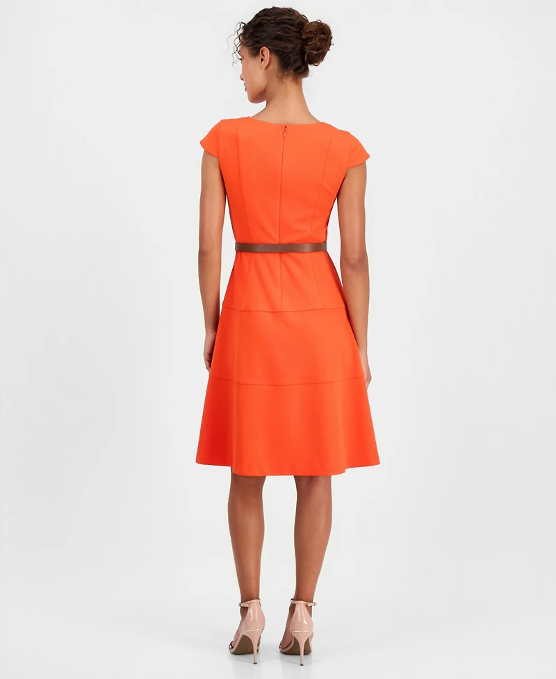 Anne Klein Women's Cap-Sleeve Belted Scuba Crepe Dress