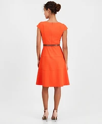 Anne Klein Women's Cap-Sleeve Belted Scuba Crepe Dress