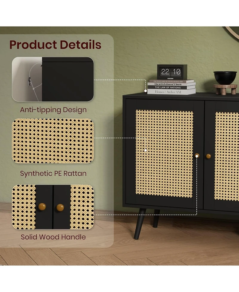 gaomon Buffet Storage Cabinet, 47.2" Rattan Sideboard with Adjustable Shelves, Modern Coffee Bar Credenza for Kitchen, Living Room, Entryway, Din