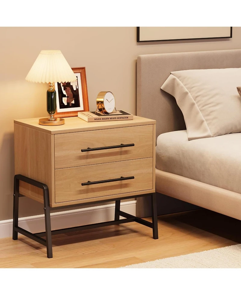 gaomon farmhouse nightstand with 2 drawers, rustic light wood table with metal legs for bedroom or living room