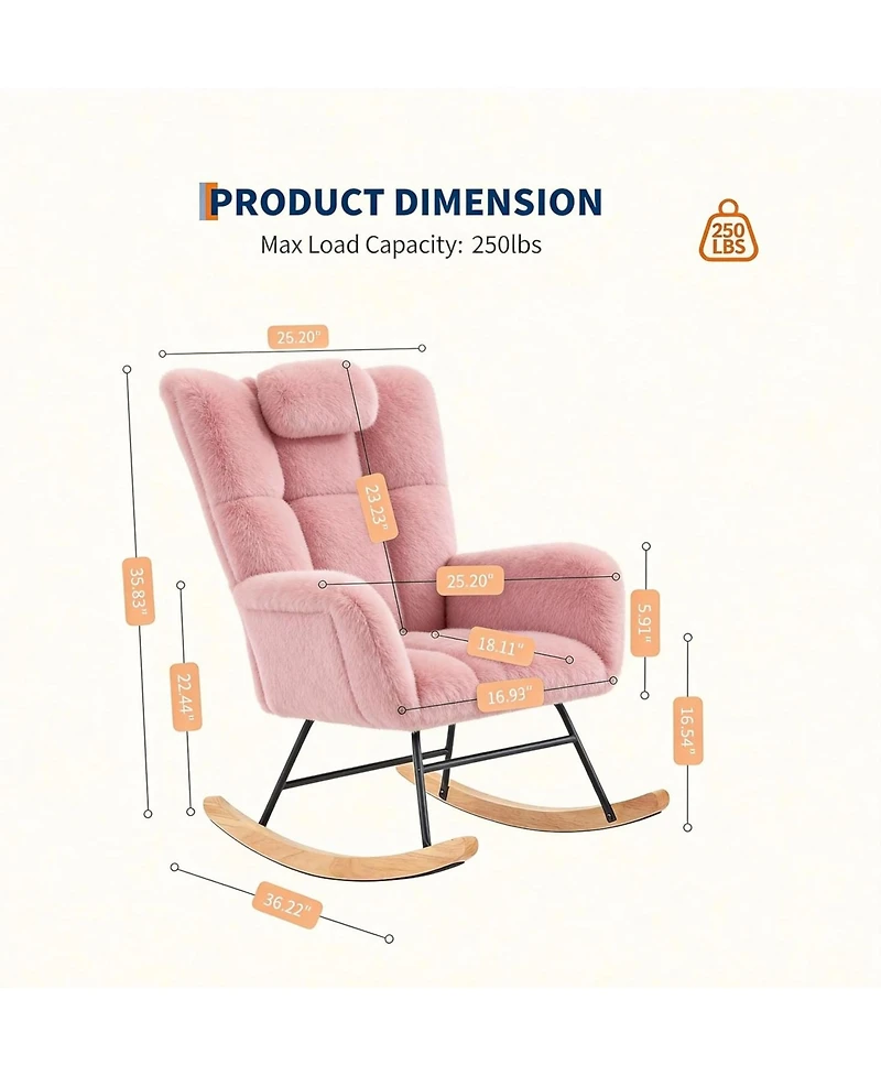 gaomon Teddy Fleece Rocking Chair with Headrest, Upholstered Nursery Glider