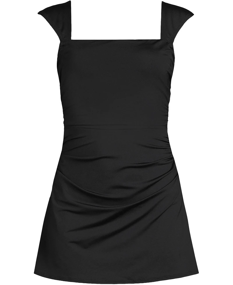 Lands' End Women's New Smoothing Square Neck Ruched Swim Dress Swimsuit