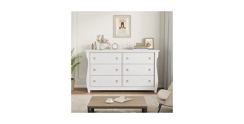 gaomon 6 Drawer Dresser for Bedroom, 47" Wide Modern Wood Chest with Black Ring Pull Handles