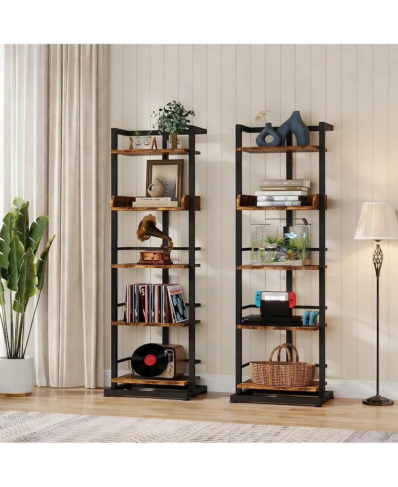 Yigii 5 Tier Narrow Wood Bookcase Metal Edge Industrial Corner Storage Shelf