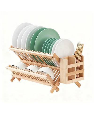 Yigii Bamboo Dish Drying Shelf Collapsible Utensil Holder Kitchen Counter