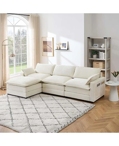 gaomon Chenille 113-Inch Modular Combo Sofa, Modern 3-Seater L-Shaped Sofa with Ottoman, 2 Cushions, Side Pockets
