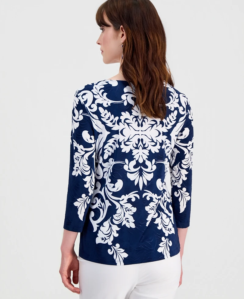 Jm Collection Women's Printed 3/4 Sleeve Scoop-Neck Jacquard Top, Macy's Exclusive