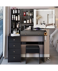 Rainsken 37" Makeup Vanity Set with Touch Control Led Sliding Mirror, Cushioned Stool, Makeup Desk with Usb Charge and Hair Dryer Stand for Bedro