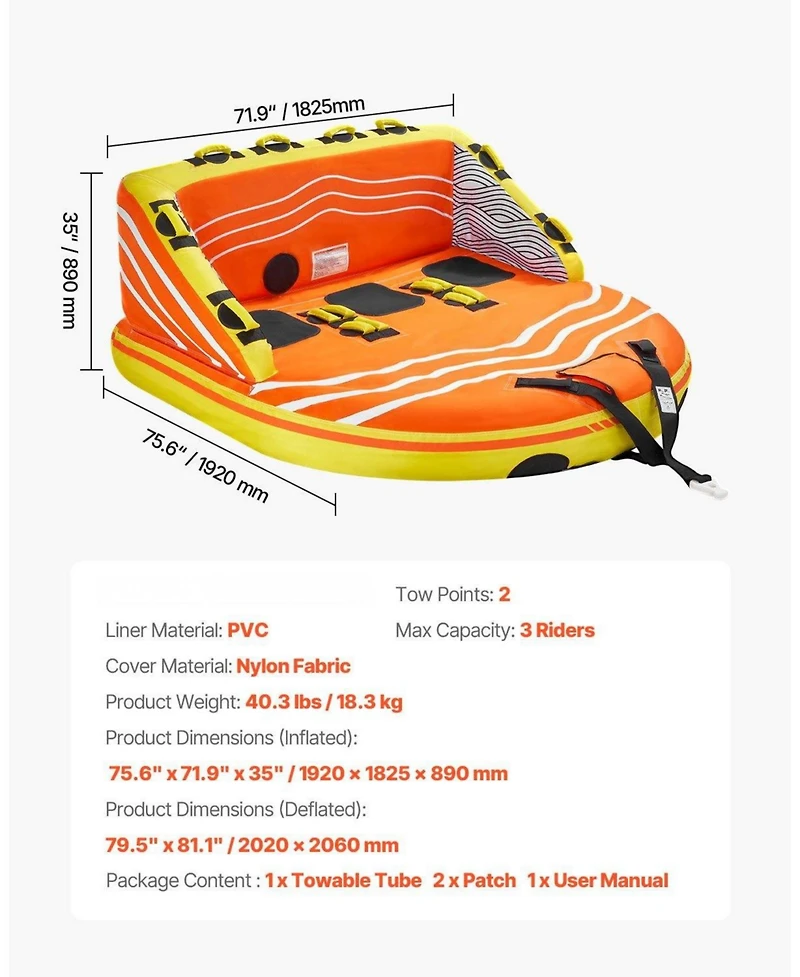Mecale 1-3 Rider Towable Boat Tube with Nylon Cover and 16 Handles