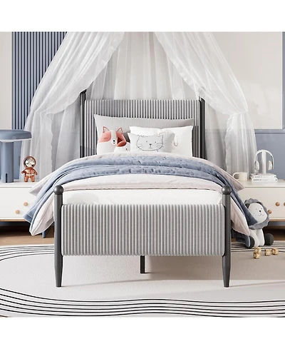 gaomon Twin Size Velvet Corduroy Fabric Bed Frame, Plywood and Iron Construction, Cone-Shaped Iron Foot, Soft Bag Design