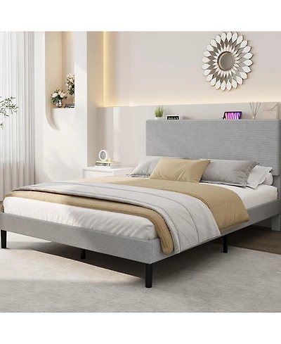 gaomon Queen Size Corduroy Mdf Bedhead Storage Bed Upholstered Frame, Spacious Storage, Comfortable Mattress, No Box Spring Needed