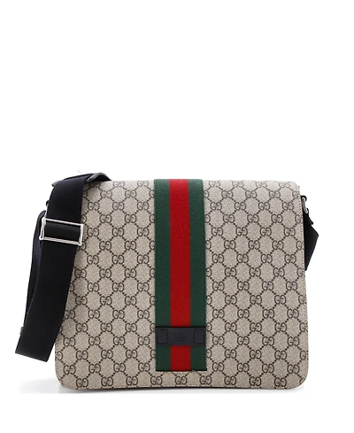 Pre-Owned Gucci Medium Web Flap Messenger Bag Gg Coated Canvas