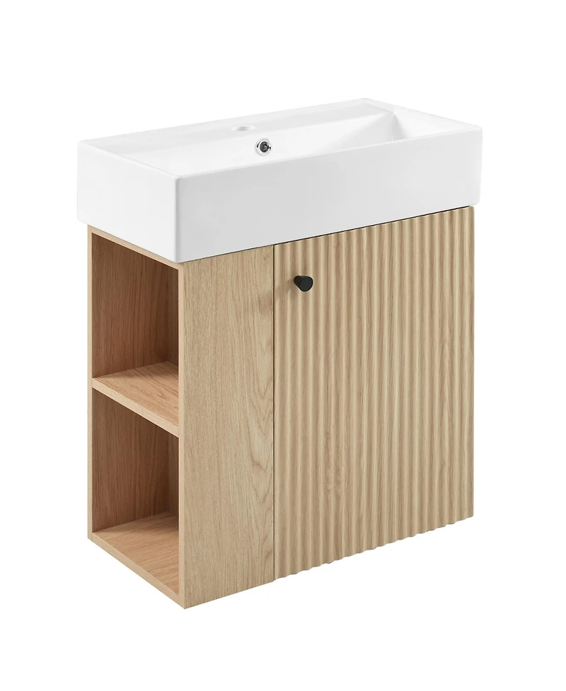 Busdays Modern 21.6 inch Floating Bathroom Vanity with Ceramic Basin and Left Side Storage in Wood Finish