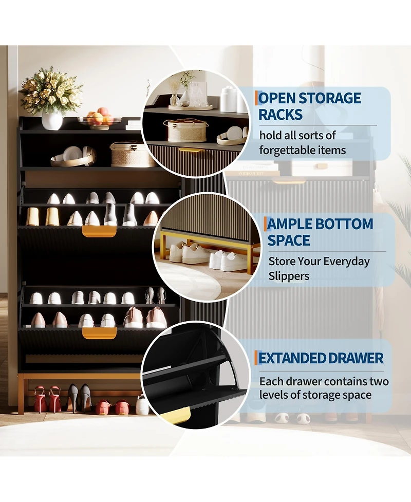 gaomon Fluted Shoe Cabinet Storage for Entryway, Wood Rack with 2 Flip Drawers and Open Shelf, Modern Entryway Organizer