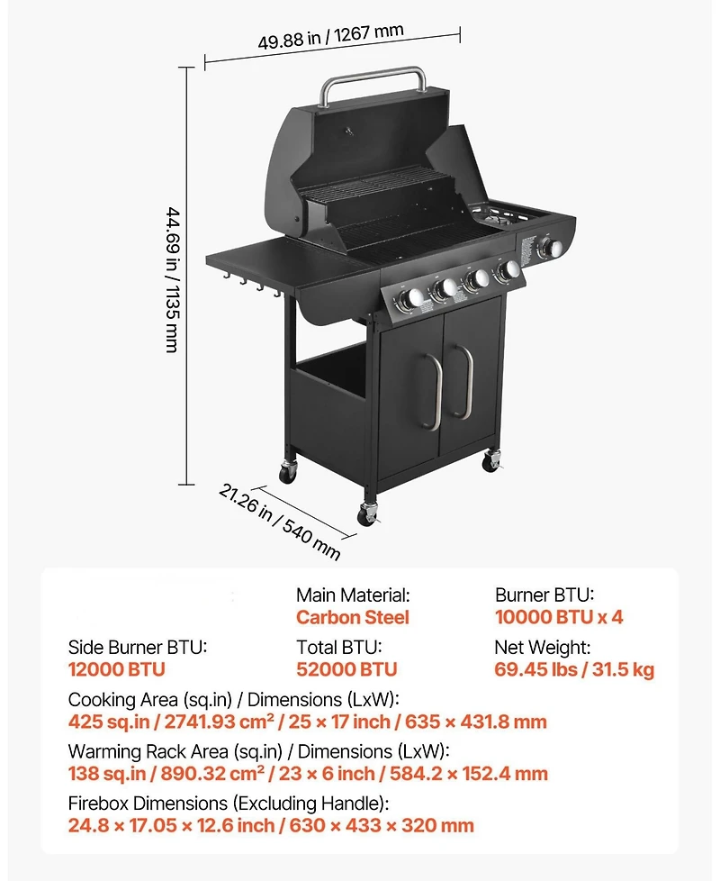 Ecooso 4-Burner Propane Gas Grill with Side Burner, 425 Sq. In. Cooking Area, 52,000 Btu