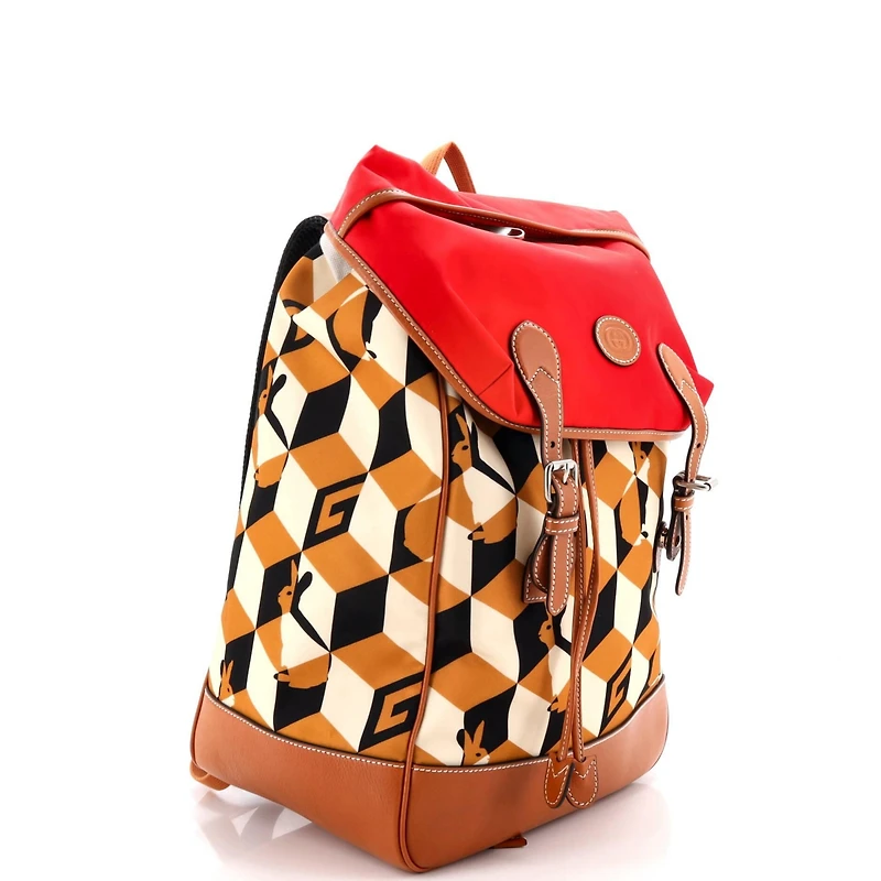 Pre-Owned Gucci Interlocking G Patch Flap Buckle Backpack Printed Nylon with Canvas and Leather