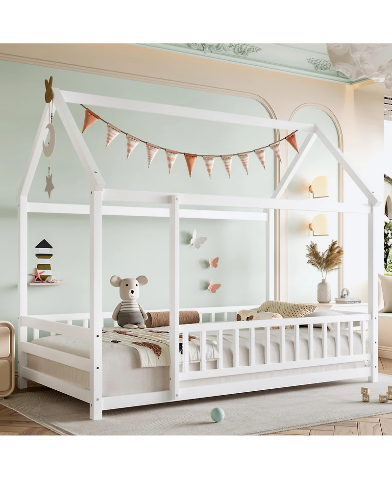 flynama Wooden Floor Bed With House Roof Frame And Fence Guardrails White For Kids
