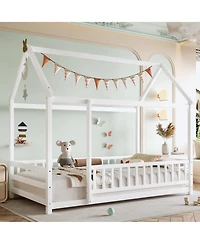 flynama Wooden Floor Bed With House Roof Frame And Fence Guardrails White For Kids